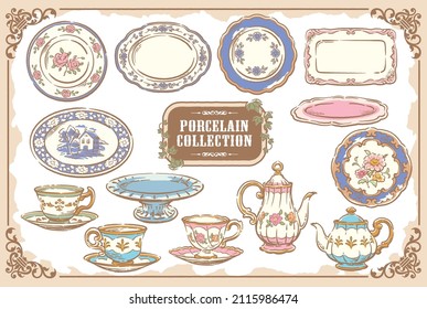 Collection of porcelain plates, tea pots and tea cups. Vintage tools and pastries. Vector illustration.
