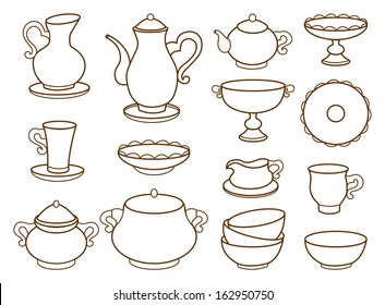 collection of porcelain tableware for tea (coloring book)