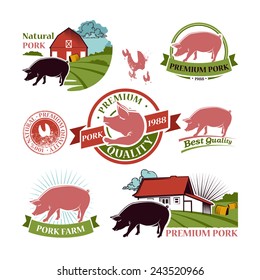 Collection of Pork Farm colored Labels and Design Elements in Vintage Style for your design