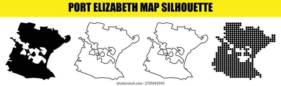Collection of Port Elizabeth map shapes: solid black, white outline, fine line sketch, and dotted pattern. Great for South African city mapping, travel, and conceptual design.
