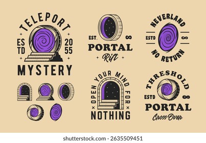 Collection of Portal, Multiverse, Teleport logos. Portal emblems, labels, badges. Set of 5 logo templates and 5 design elements for logo design. Vector templates	