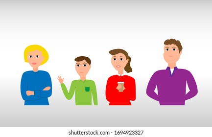 Collection Portrait of people in different situations. Woman with folded arms, boy waving, woman drinking coffee, waiting man.