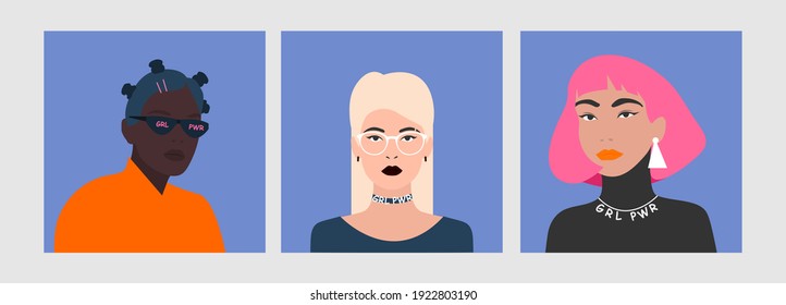 Collection of portrait of teenage girl with different skin color. Women empowerment movement. Fashion vector illustration in flat style. Eps 10