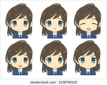 Collection Portrait Young Woman Facial Expressions in cartoon character with various emotions, isolated on white background for graphic designer, vector illustration