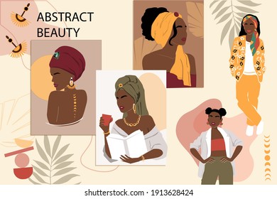 Collection of portraits of beautiful girls in abstract style. Fashion trend vector illustration. Social media avatar set