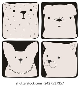 A collection of portraits of cute animals. A kitten and a puppy. Black and white vector illustration. Isolated objects