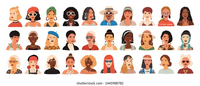 Collection of portraits of cute funny young stylish women. Bundle of smiling hipster girls with different hairstyles and accessories. Set of modern female avatars. Flat cartoon vector illustration.