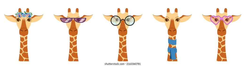 A collection of portraits of cute giraffes in glasses, scarf, with a wreath of flowers. Vector illustration isolated on white background