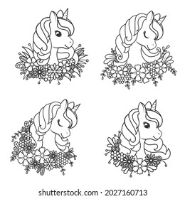 Collection of portraits of a cute unicorns in flowers. Page for coloring book. Vector linear illustration isolated on white background