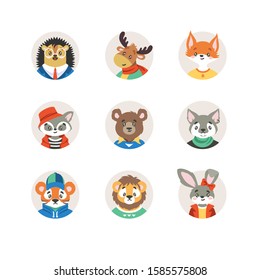 Collection of portraits of cute wild animals in clothes in round frames isolated on white background. Bundle of faces or muzzles of funny characters. Flat cartoon vector illustration for children.