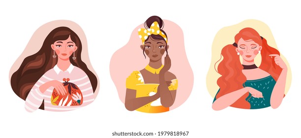 Collection of portraits of cute young stylish women of different gender and age, diversity ava for a social network. Flat cartoon vector concept design online web banner. Isolated on white background.