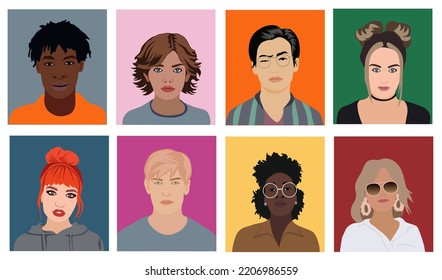 Collection of portraits of cute young stylish women and men. Set of different modern female and male avatars. Flat cartoon characters vector realistic illustration.