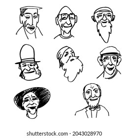 Collection of portraits of elderly men. A set of hand-drawn characters. Avatars. Sketch. Vector illustration