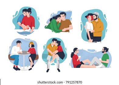 Collection of portraits of happy couples in love inside colorful blots. Lovers in various situations - hugging, sitting at table, drinking coffee. Cute flat cartoon characters. Vector illustration.