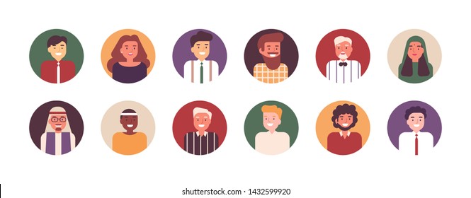 Collection of portraits of happy male and female office workers or employees. Bundle of smiling people or clerks from multinational business team. Set of avatars. Flat cartoon vector illustration.