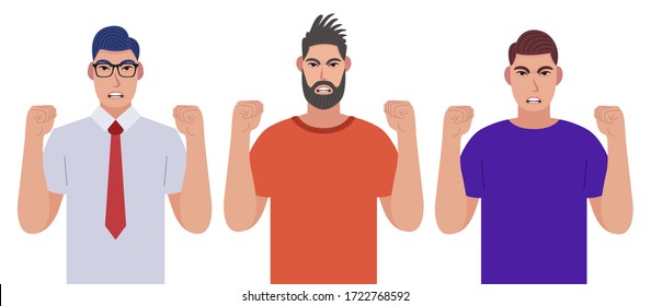 Collection of portraits of men expressing anger. Character set. Vector illustration in cartoon style.