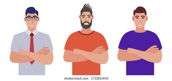 Collection of portraits of men keeping arms crossed. Character set. Vector illustration in cartoon style.