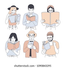 Collection of portraits of men and women reading paper and electronic books isolated on white background. Set of young male and female readers dressed in trendy clothes. Cartoon vector illustration