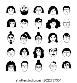 Collection of portraits on a white background. Man and woman avatars. Doodle user pic set. Vector illustration.