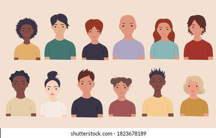 Collection Of Portraits People Beige Background, Vector Illustration