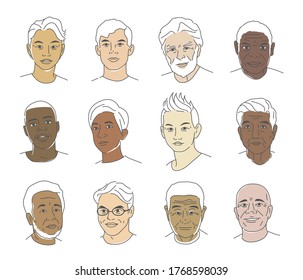 A collection of portraits of people of different nationalities and ages. Men of all races. Icons for user research experience, customer profile. Vector illustration in a flat style, hand drawing.
