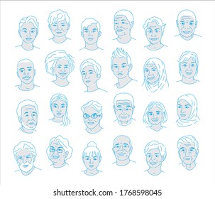 A collection of portraits of people of different nationalities and ages. Icons for user research experience, customer profile. Vector illustration in a flat style, hand drawing.