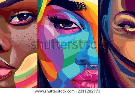 A collection of portraits showing the diverse faces of the LGBTQ + community + in rainbow colors