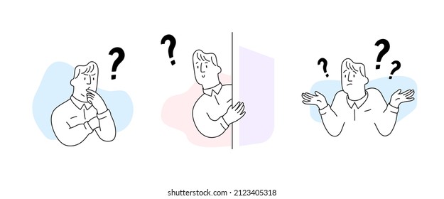Collection of portraits of thoughtful man. A set of an intelligent character who thinks or solve the problem. Vector illustration for a website or app. 