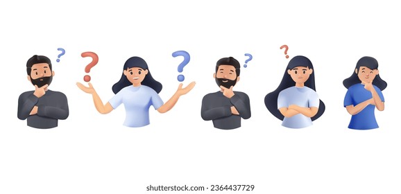 Collection of portraits of thoughtful people 3D character. Bundle of smart men and women thinking or solving problem. Set of pensive boys and girls surrounded, thought bubbles. 3D vector illustration