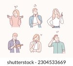 Collection of portraits of thoughtful people. Bundle of smart men and women thinking or solving problem. Hand drawn style vector design illustrations.