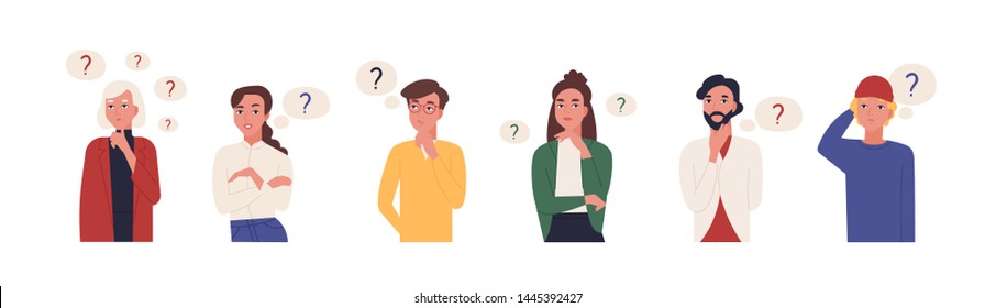 Collection of portraits of thoughtful people. Bundle of smart men and women thinking or solving problem. Set of pensive boys and girls surrounded by thought bubbles. Flat cartoon vector illustration.