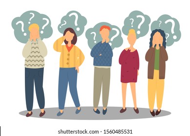 Collection of portraits of thoughtful people. Bundle of smart men and women thinking or solving problem. Set of pensive boys and girls surrounded by thought bubbles.