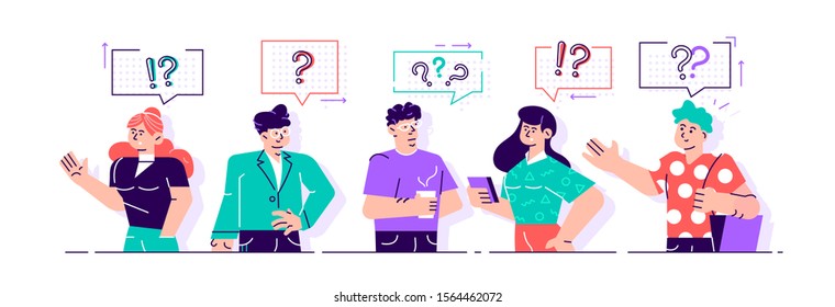 Collection of portraits of thoughtful people. Bundle of smart men and women thinking or solving problem. Set of pensive boys and girls surrounded by thought bubbles. Flat cartoon vector illustration.