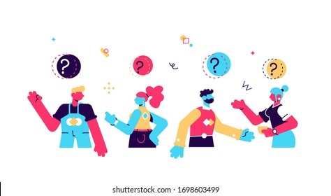 Collection of portraits of thoughtful people. Bundle of smart men and women thinking or solving problem. Set of pensive boys and girls surrounded by thought bubbles. Flat cartoon vector illustration.