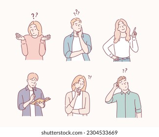 Collection of portraits of thoughtful people. Bundle of smart men and women thinking or solving problem. Hand drawn style vector design illustrations. - Shutterstock ID 2304533669