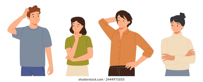 Collection of portraits of thoughtful people. Bundle of smart men and women thinking or solving problem. Set of pensive boys and girls surrounded by thought bubbles. Flat cartoon vector illustration.