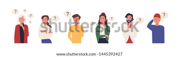 Collection of portraits of thoughtful\
people. Bundle of smart men and women thinking or solving problem.\
Set of pensive boys and girls surrounded by thought bubbles. Flat\
cartoon vector\
illustration.