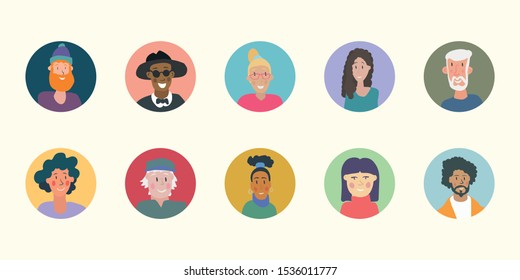 Collection of portraits of various ethnic people. Smiling human icon. Human avatar. Simple cute characters. Cute friendly people. Flat cartoon vector illustration. - Vector