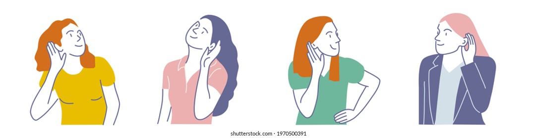 Collection portraits of young women with raised hands in ears, pause and group listening. Flat vector illustration.