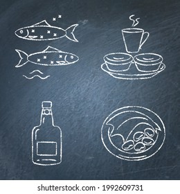 Collection of Portugal icons on chalkboard. Traditional cuisine symbols set including porto wine, bacalhau fish, pastel de nata tarts and sardines. Vector illustration.