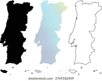 Collection of Portugal maps in different styles including a solid black silhouette, a thin outline, and a colorful pixelated dotted gradient design.