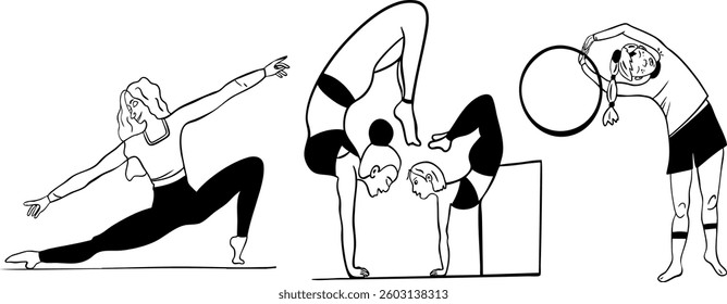 Collection of poses icons. Sportive children and woman doing sport and fitness exercises. Healthy lifestyle. Set of vector illustration isolated on white background 