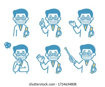 Collection of poses of a male doctor wearing a mask