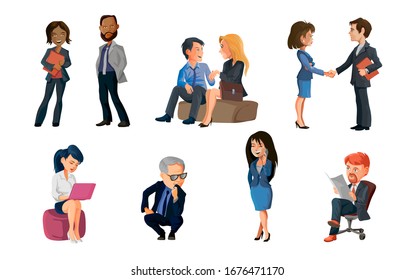 Collection of poses peoples at office. Bundle of men and women taking part in business meeting, negotiation, brainstorming, talking to each other. Colorful illustration in flat cartoon style