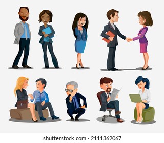 Collection of poses peoples at office. Bundle of men and women taking part in business meeting, negotiation, brainstorming, talking to each other. Colorful illustration in flat cartoon style