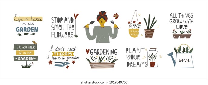 Collection of positive funny inspirational gardening handwritten quotes. Gardening concept. Bundle of decoration clip art isolated. Vector hand drawn cartoon illustration.