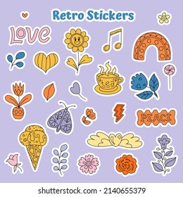 Collection of Positive, Hippie style stickers. vibrant, retro style design elements. Psychedelic 60s, 70s drawings. Label design, scrapbook, stationery. Smiles, flowers, trendy cartoon vector set.