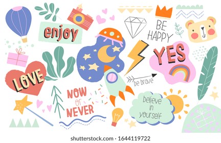 Collection of positive inspirational doodles with text and motivational messages over colored icons on white, vector illustration