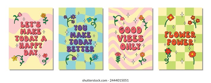 Collection of positive posters with flowers in trendy hippie groovy style. Set of cool interior posters in summer color palette with simple fun floral elements. 