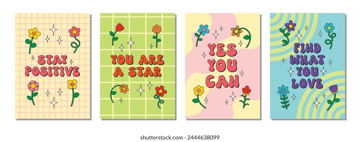 Collection of positive posters with flowers in trendy hippie groovy style. Set of cool interior posters in summer color palette with simple fun floral elements. 